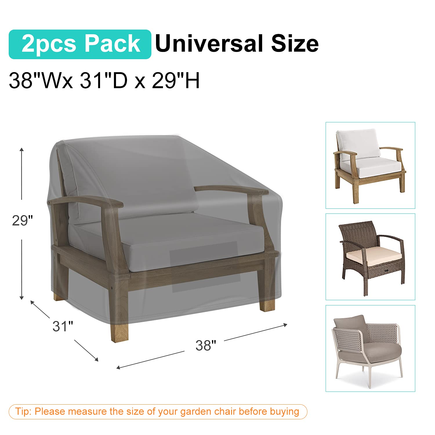 BROSYDA Patio Chair Covers for Outdoor Furniture Waterproof 2 Pack, Lawn Chair Covers 600D Heavy Duty Oxford Cloth, Large Covers for Lounge Lawn Deep Seat Black 38" W x 31" D x 29" H - Image 8
