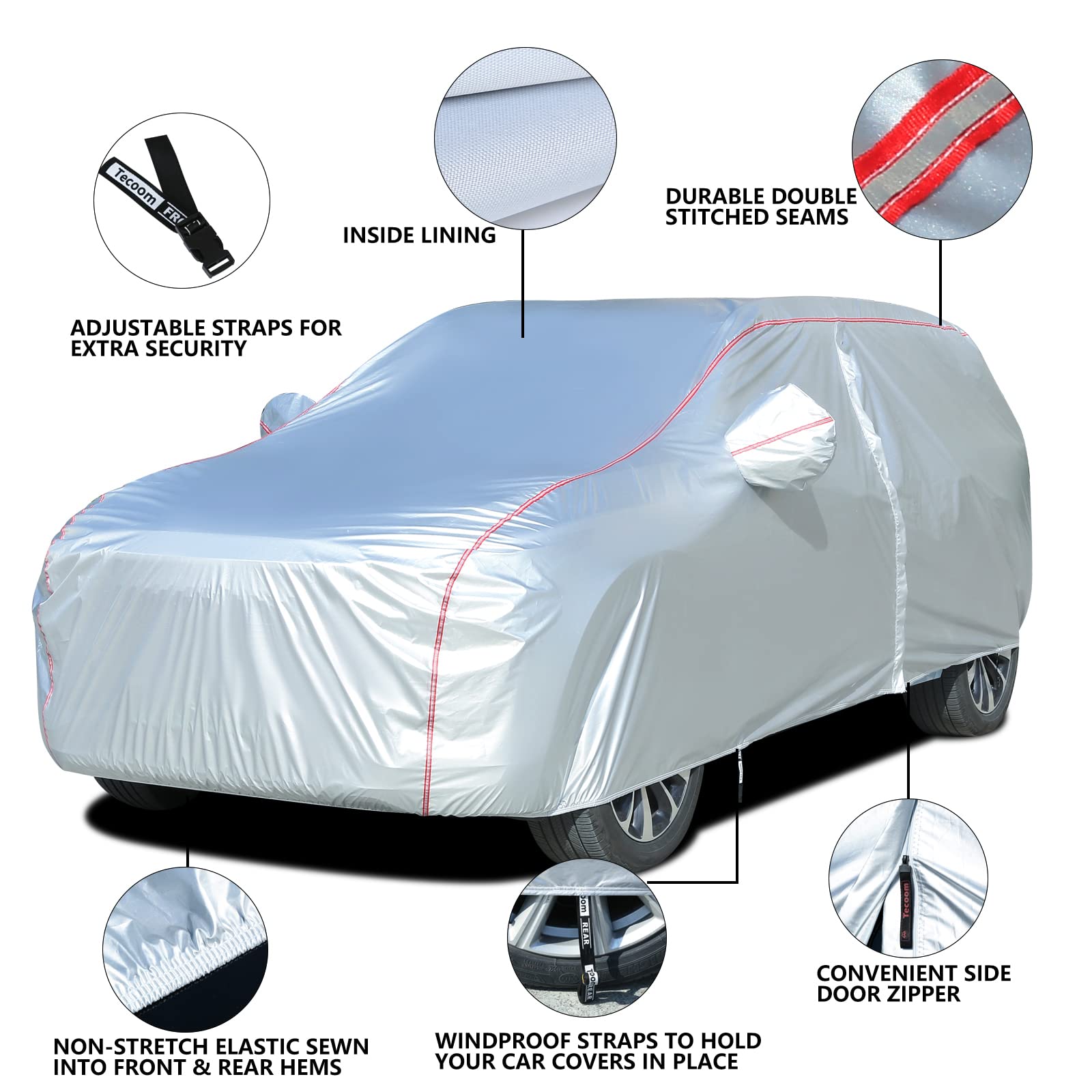 Tecoom Hard Shell Zipper Design Waterproof UV-Proof Windproof Car Cover for All Weather Indoor Outdoor Fit 206-215 Inches Full-Size SUV/Van - Image 9